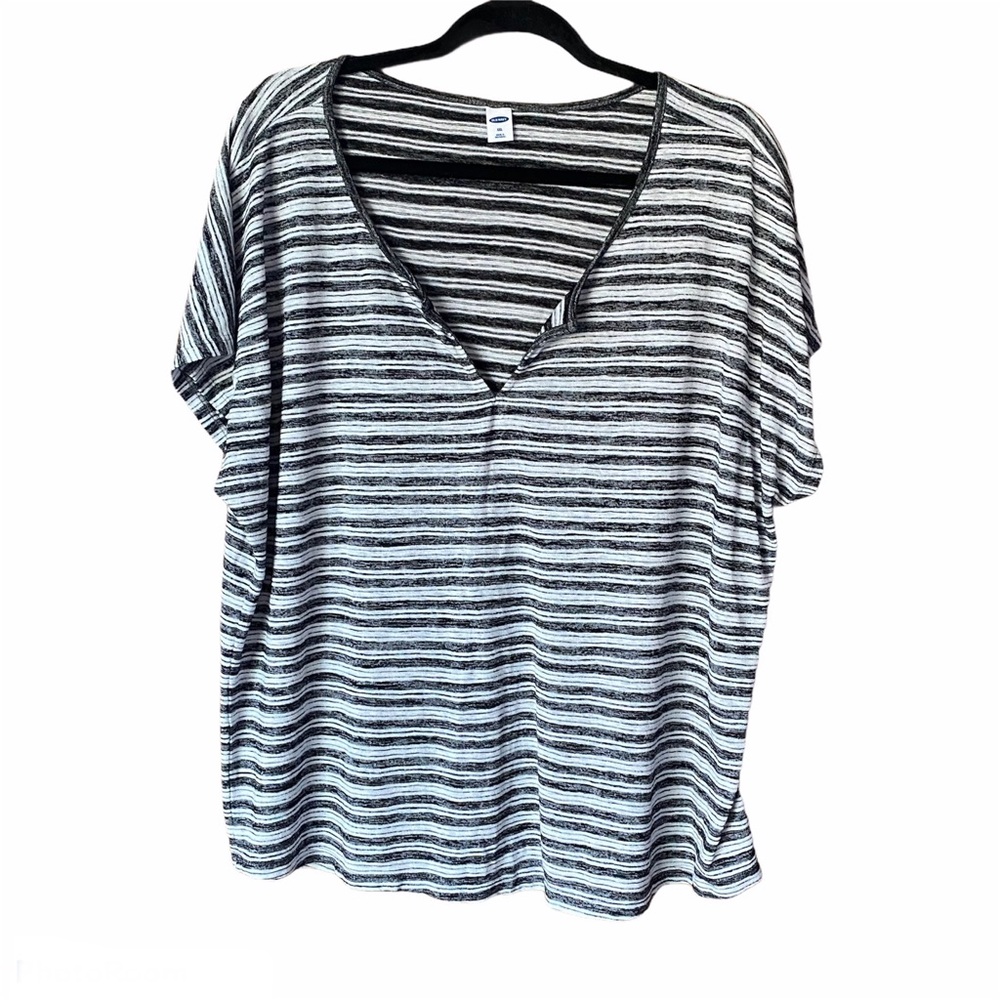 Old Navy Black and White Striped V-Neck Blouse